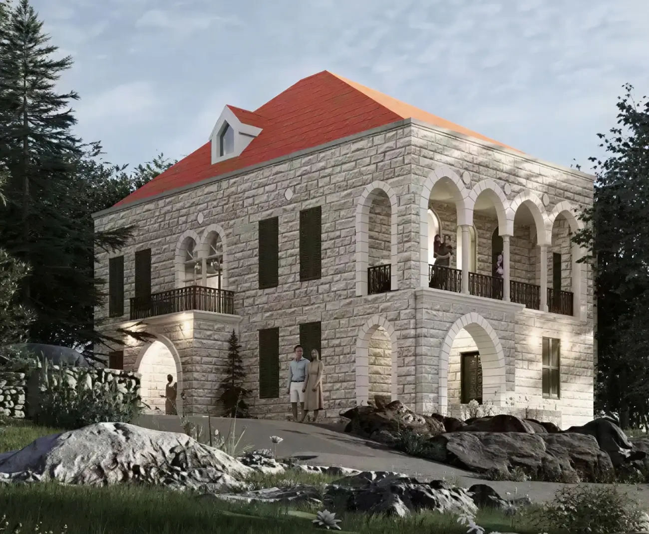 Firas Abou Hasan residential villa exterior — stone façade arched windows Baadaran El Chouf Lebanon — Group Four construction company