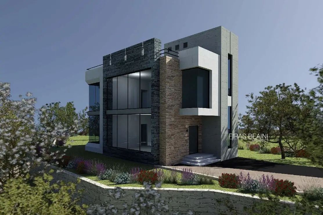 Louay Beaini residential villa exterior — stone cladding and glass windows Mazraa El Chouf Lebanon — Group Four construction company