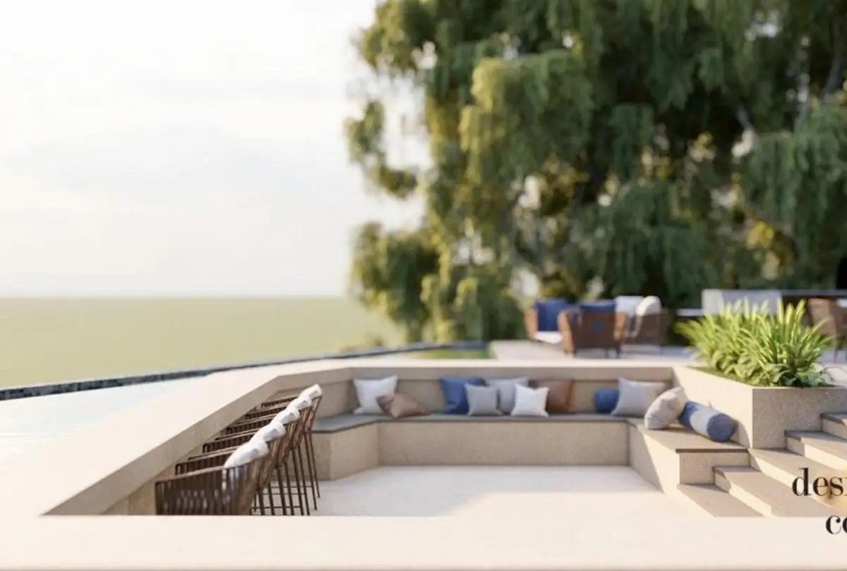 3D render of a villa showing pool terrace and hillside integration in Badghan, Aley, Lebanon