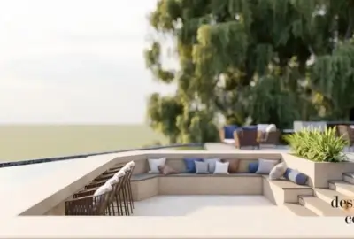 Ramzi Halawani villa 3D render showing pool terrace and hillside integration Badghan Lebanon Group Four