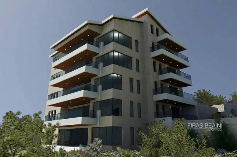 Rodwan Beaini residential building exterior — contemporary multi-story facade with balconies Mazraa El Chouf Lebanon — Group Four construction company
